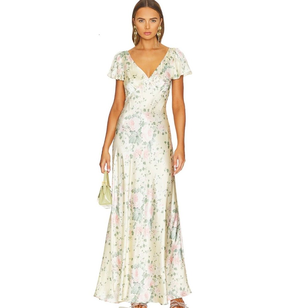 Revolve Selkie Flutter Slip Dress in Fantasy size Large 100% Silk Floral Yellow